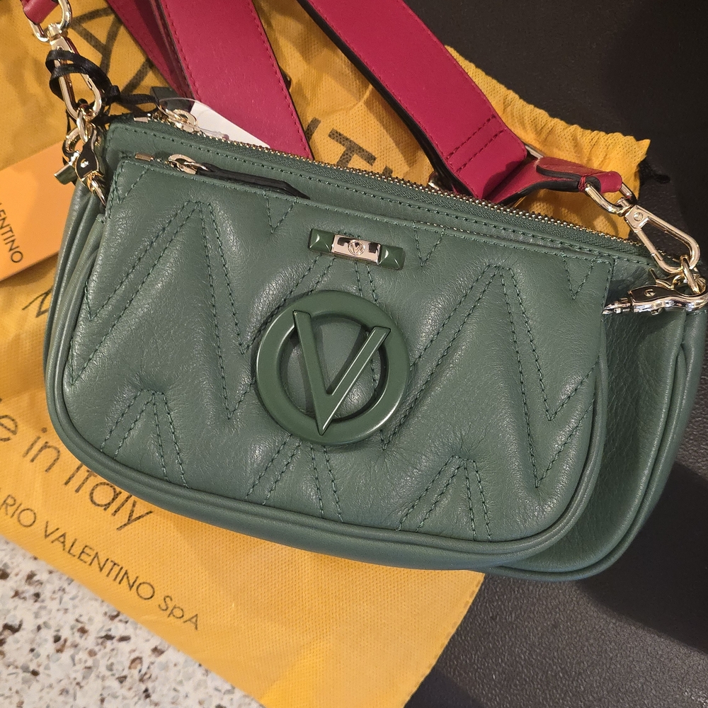 Valentino Green Crossbody Bag with Red Strap And Coin Purse